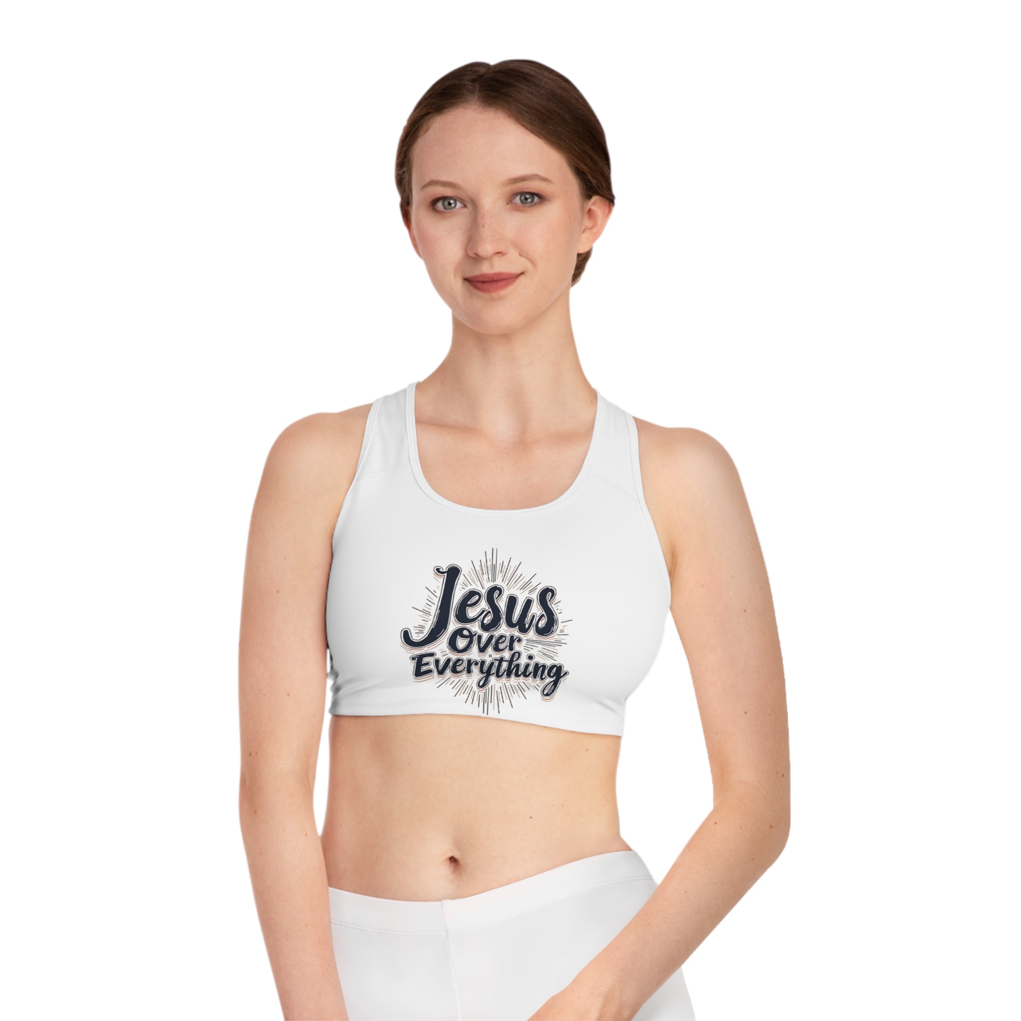 Jesus Over Everything Sports Bra - Motivational Activewear, Fitness Gift, Workout Gear, Christian Apparel, AOP Bra