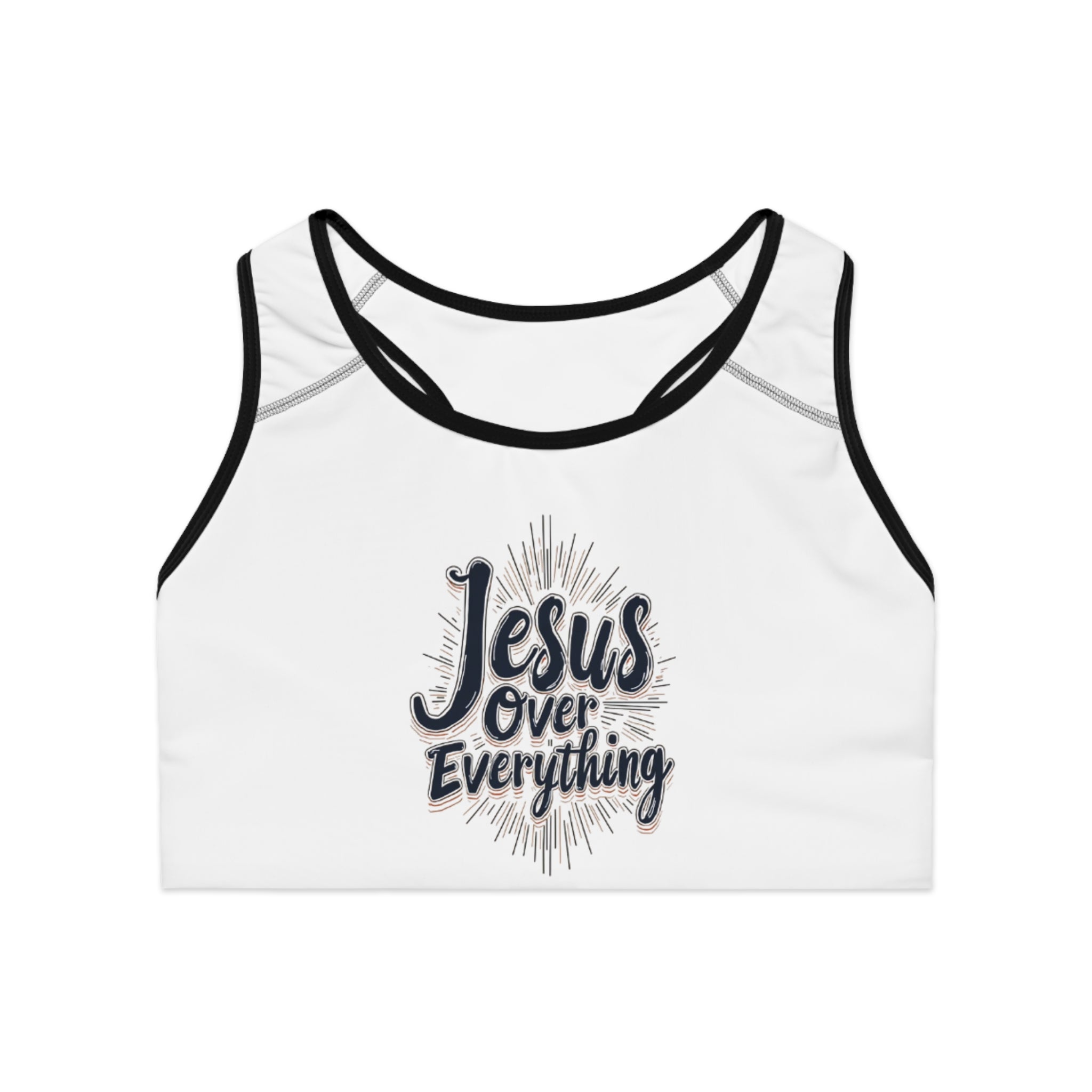 Jesus Over Everything Sports Bra - Motivational Activewear, Fitness Gift, Workout Gear, Christian Apparel, AOP Bra