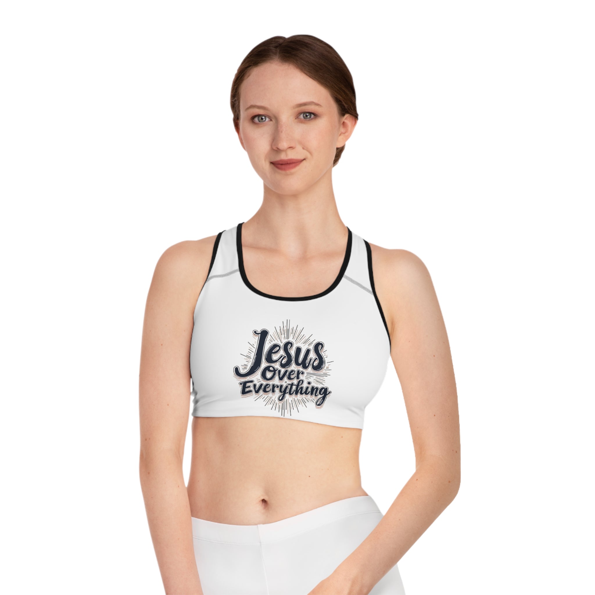 Jesus Over Everything Sports Bra - Motivational Activewear, Fitness Gift, Workout Gear, Christian Apparel, AOP Bra