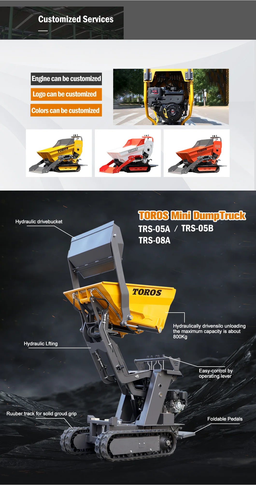 TOROS Ce Epa Certification 500Kg 800Kg Mini Dump Trucks Mining Sit Dumper Truck With 4X4 Tipper Customized Truck Dumper For Sale